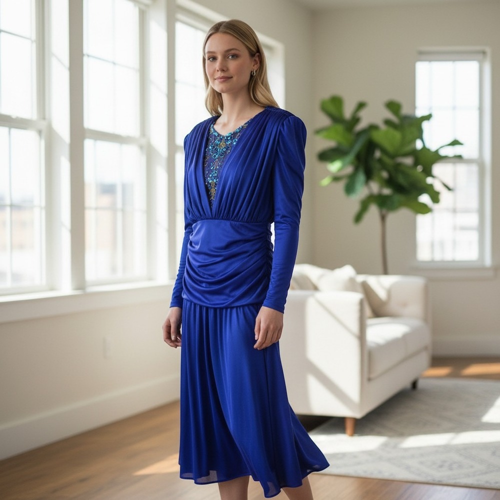 Abby Kent Cocktail Dress Womens 7/8 Blue Vintage Beaded Sequin Ruched Evening